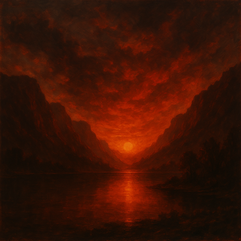 Dark red landscape with a glowing sun reflected on water