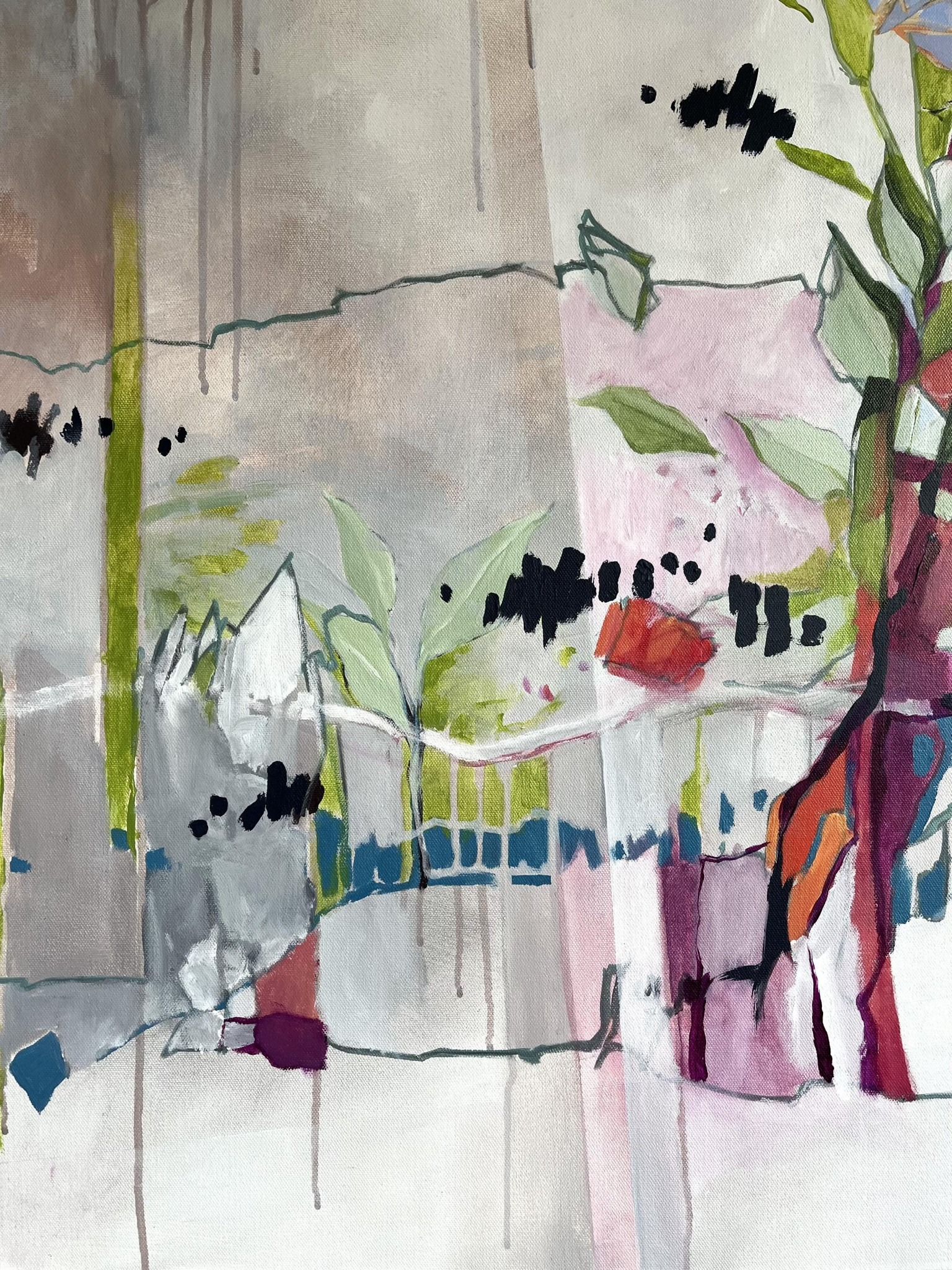 Abstract painting in cream, gray, green, rose, blue and black